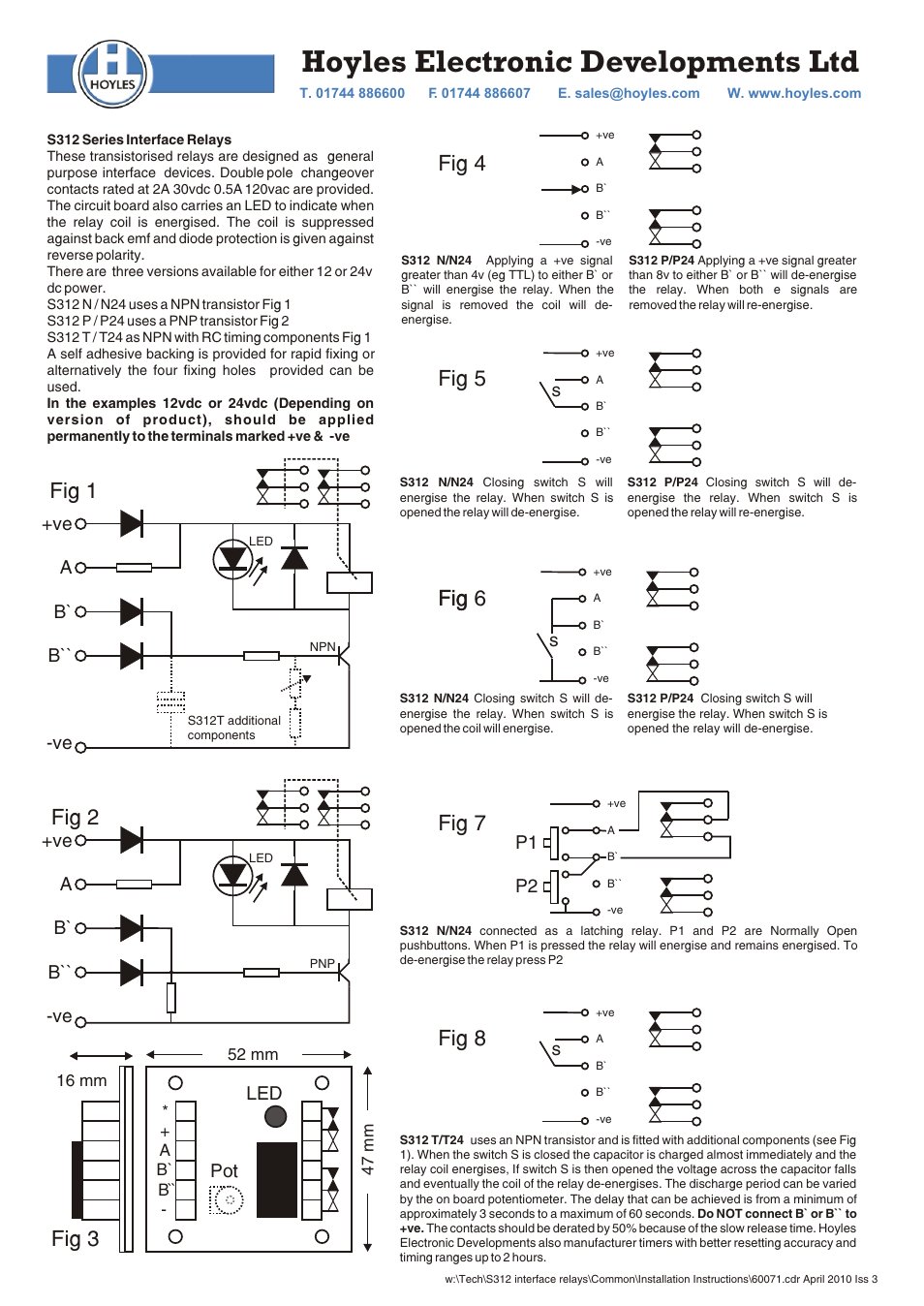 Hoyles Transistorised double pole timer relay module User Manual | 1 page