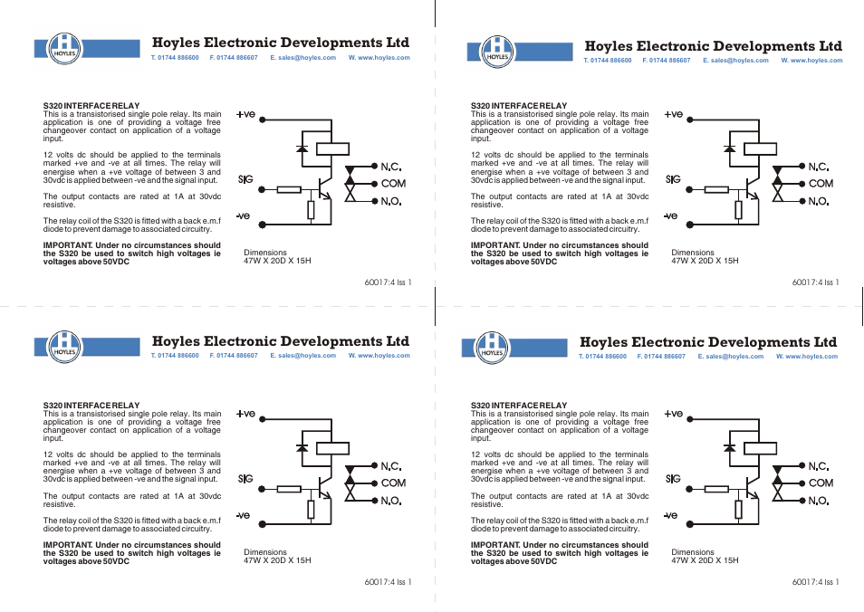 Hoyles Transistorised single pole relay module User Manual | 1 page