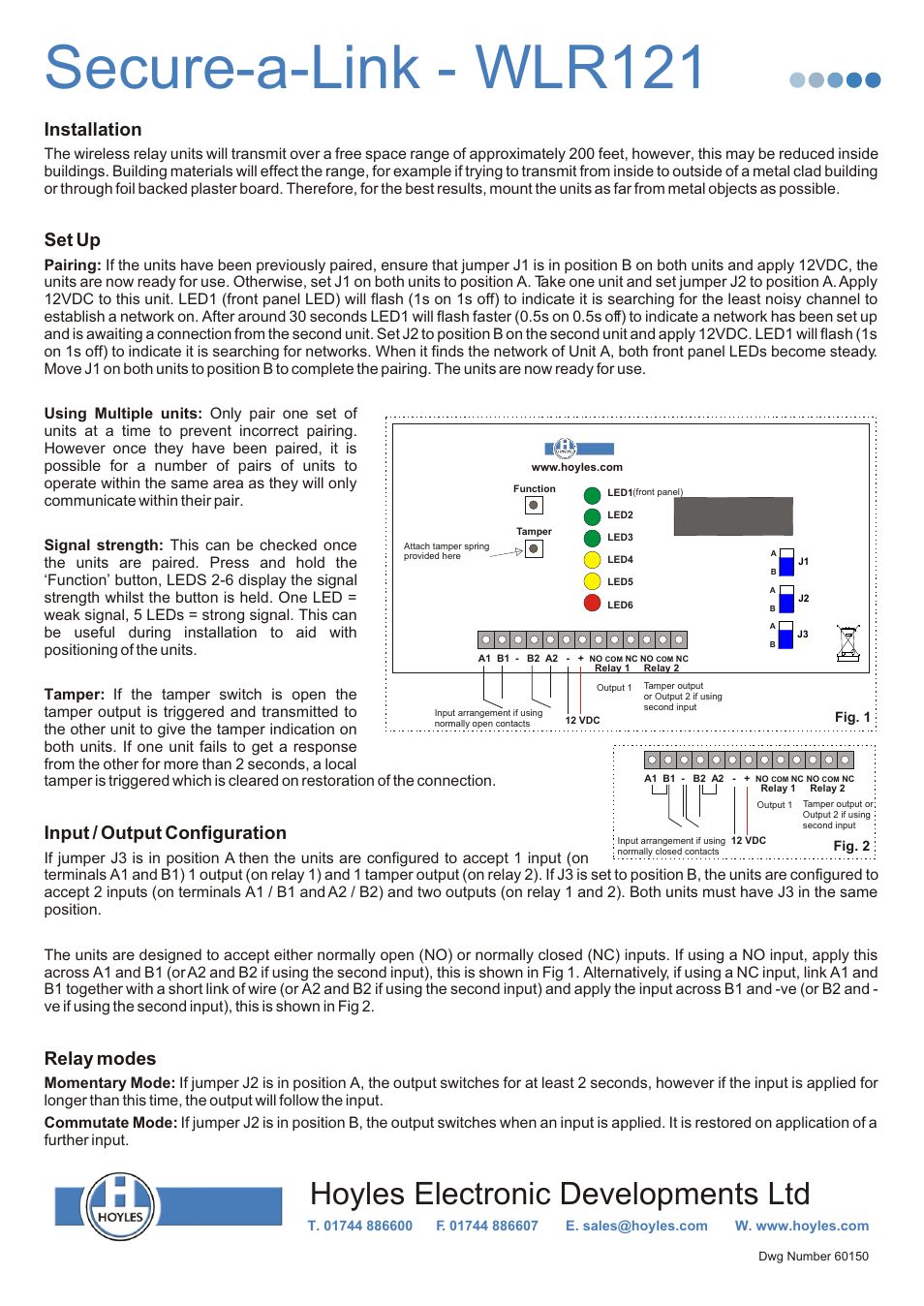 Hoyles Secure-a-Link Wireless relay transmitter / receiver system User Manual | 1 page