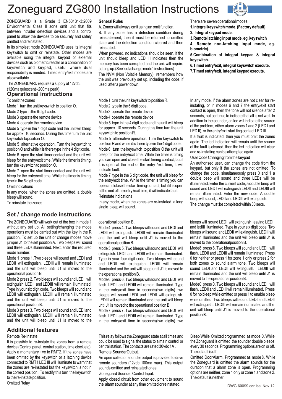 Hoyles Zoneguard Grade 3 Zone Omit EN50131-3:2009 Env. Class II User Manual | 4 pages