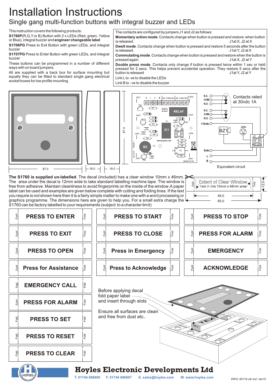 Hoyles Multi function push button with LEDs and custom text User Manual | 1 page