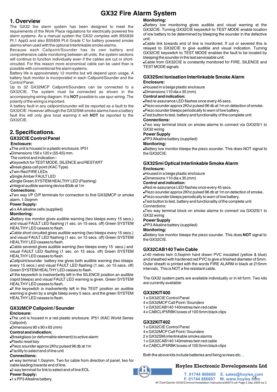 Gx32 fire alarm system, Overview, Specifications | Hoyles GEMINI Battery powered fire alarm User Manual | Page 2 / 2