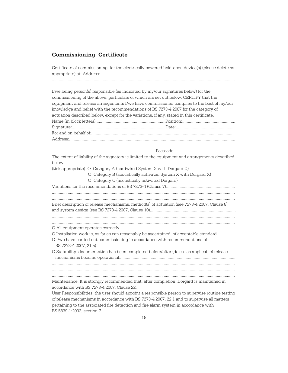 Commissioning certificate | Hoyles Dorgard Fire Door Retainer User Manual | Page 19 / 20