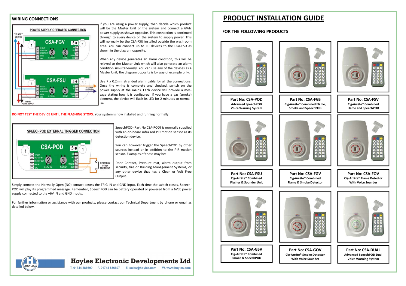 Hoyles Cig-Arrete Radio Com'd Flame/ Smoke Detector c/w Voice Alarm User Manual | 4 pages