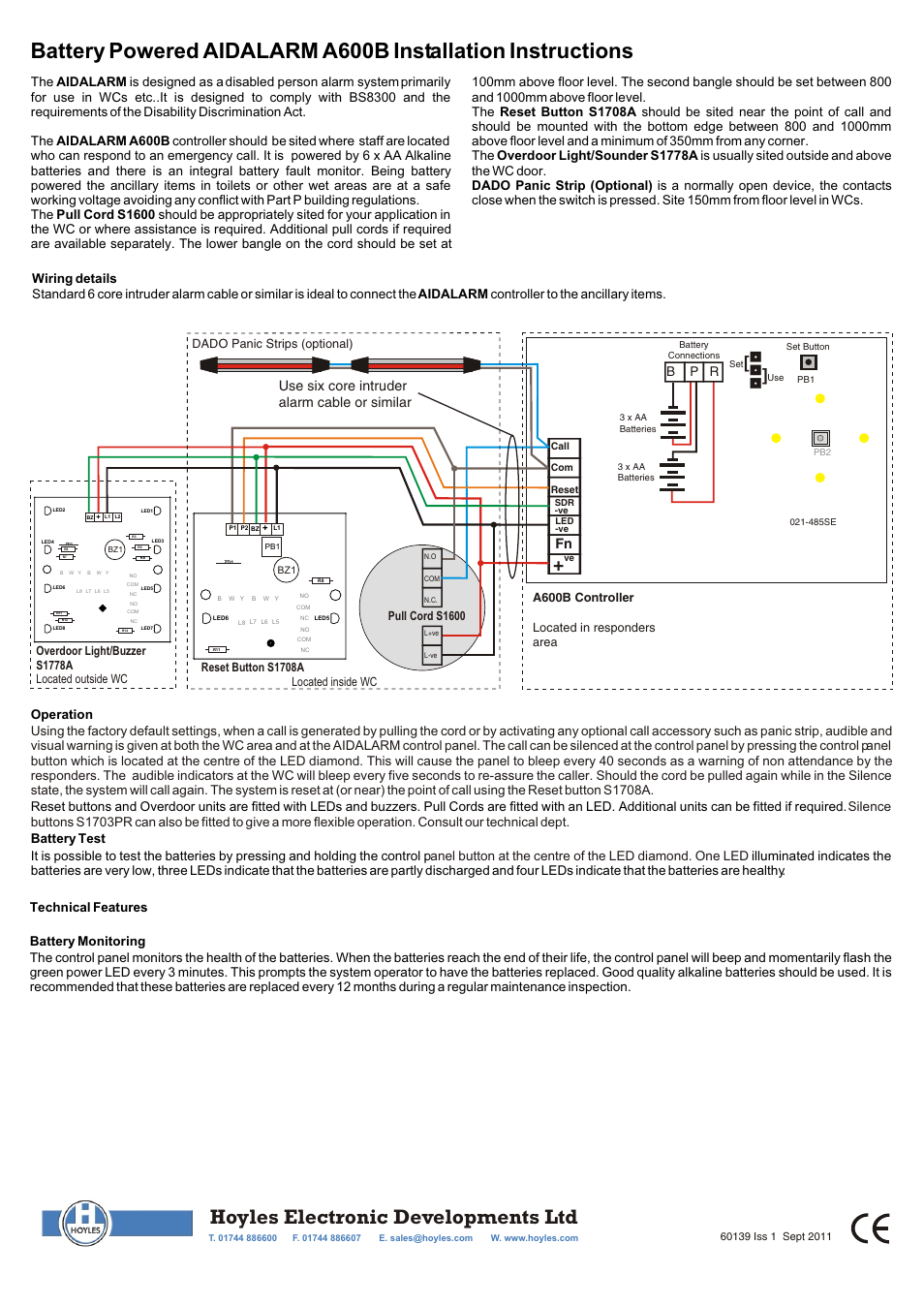 Hoyles Aidalarm Battery Powered Disabled Toilet Alarm Kit User Manual | 2 pages