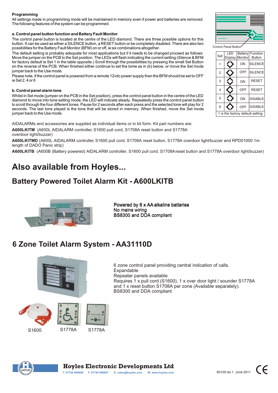 Also available from hoyles, Battery powered toilet alarm kit - a600lkitb, Hoyles electronic developments ltd | Hoyles Aidalarm Disabled Toilet Alarm Kit with Panic Strip User Manual | Page 2 / 2