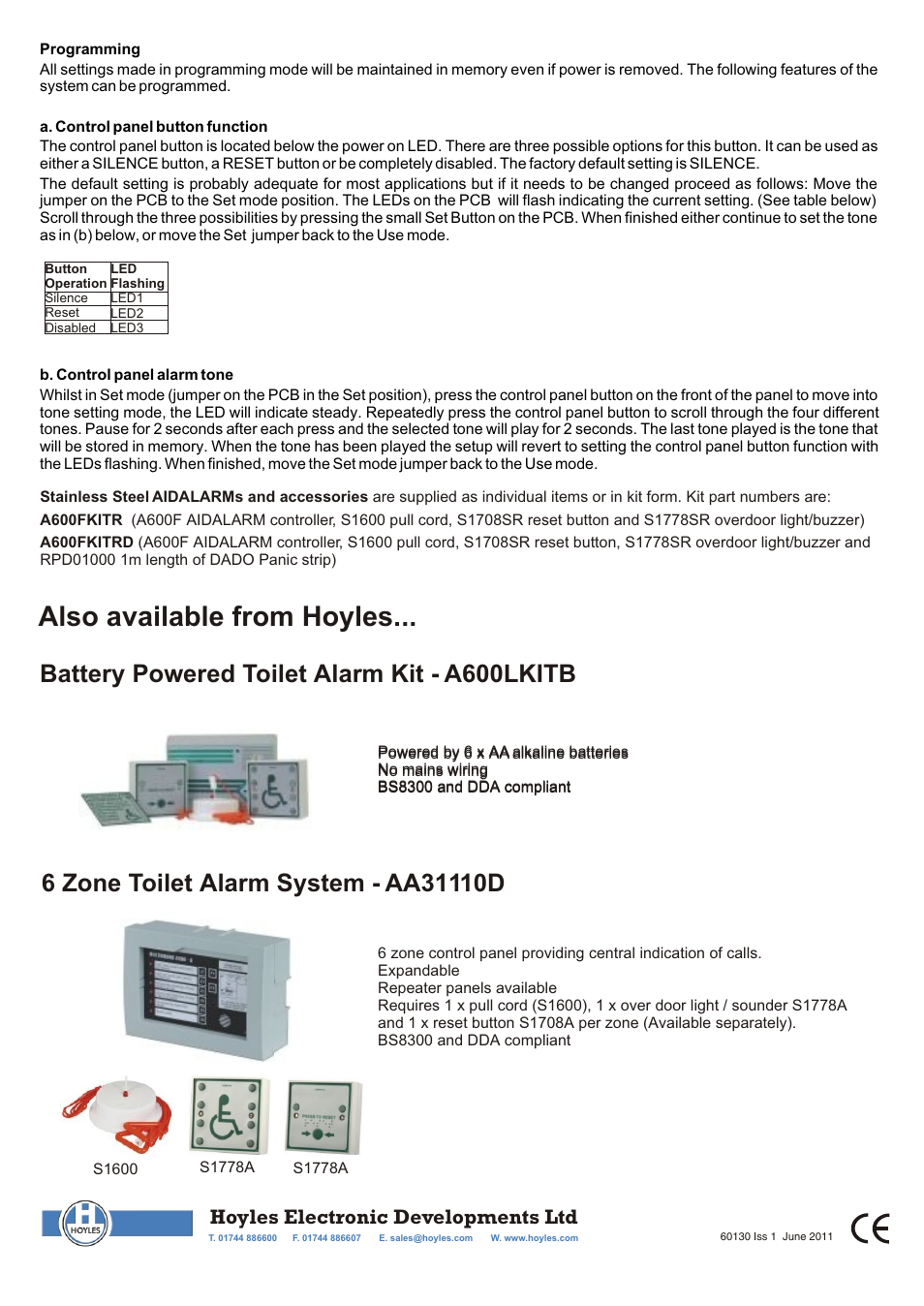 Also available from hoyles, Battery powered toilet alarm kit - a600lkitb, Hoyles electronic developments ltd | Hoyles AIDALARM Disabled toilet alarm Stainless Panic Strip Kit User Manual | Page 2 / 2