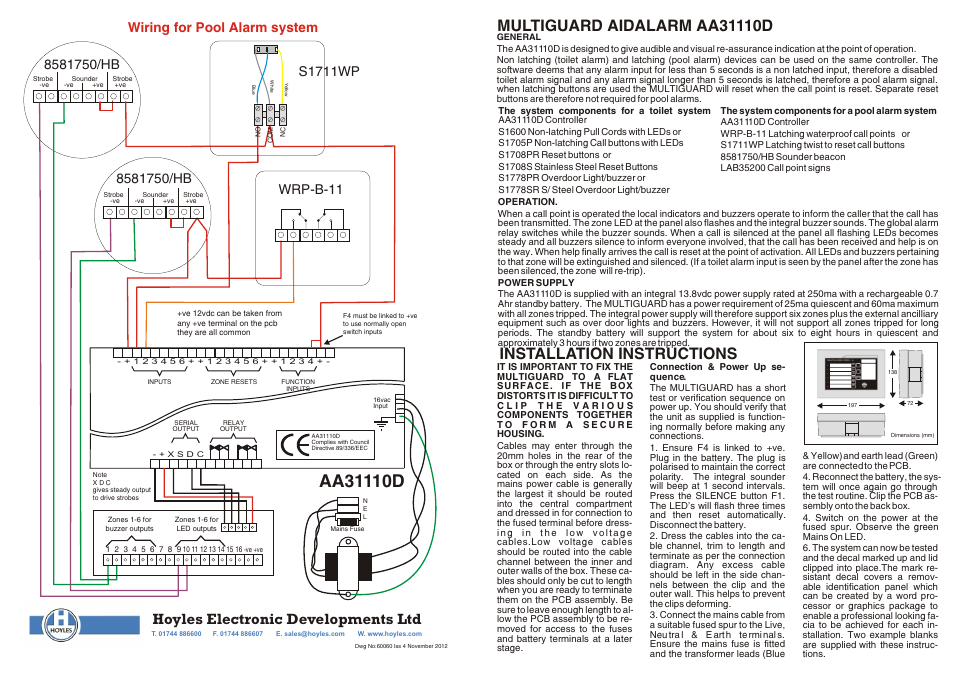 Hoyles Six Zone Assistance Call Panel for Toilet or Pool Alarms User Manual | 2 pages