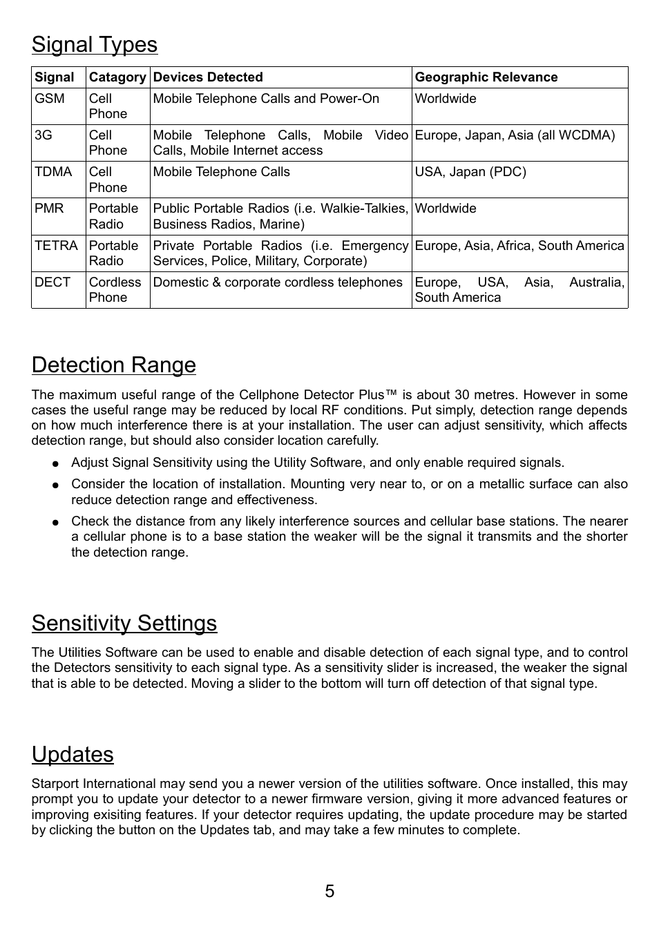 Signal types, Detection range, Sensitivity settings | Updates | Hoyles CELLPHONE DETECTOR Plus 610 User Manual | Page 5 / 8