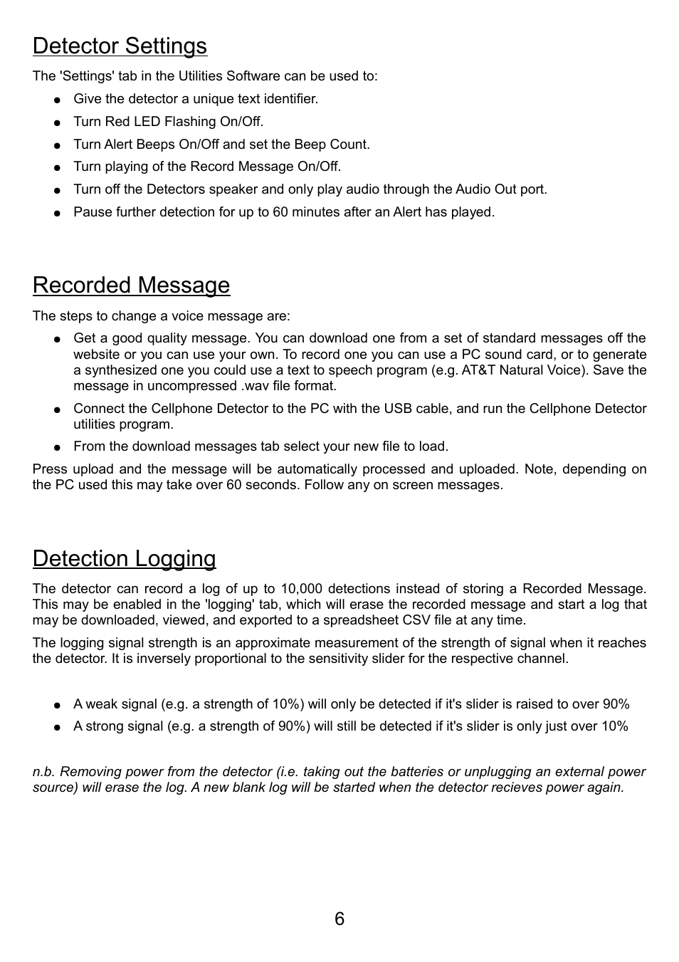 Detector settings, Recorded message, Detection logging | Hoyles CELLPHONE DETECTOR Plus 610 User Manual | Page 6 / 8