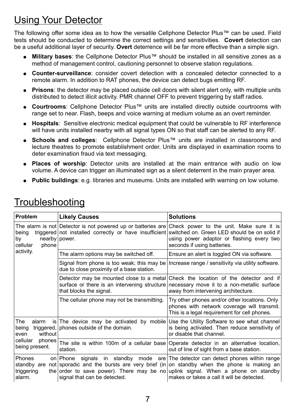 Using your detector, Troubleshooting | Hoyles CELLPHONE DETECTOR Plus 610 User Manual | Page 7 / 8