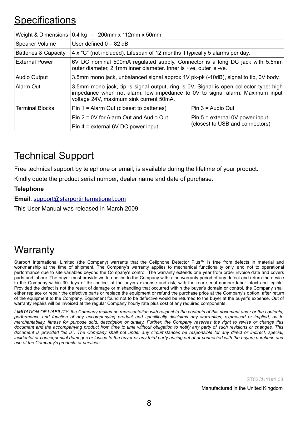 Specifications, Technical support, Warranty | Hoyles CELLPHONE DETECTOR Plus 610 User Manual | Page 8 / 8