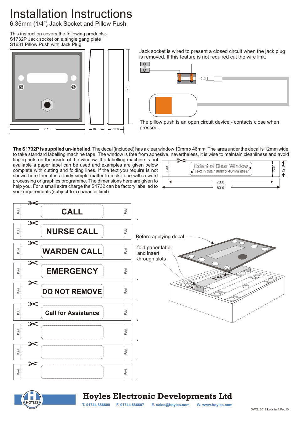 Hoyles 6.35mm jack plug socket for use with S1631 User Manual | 1 page