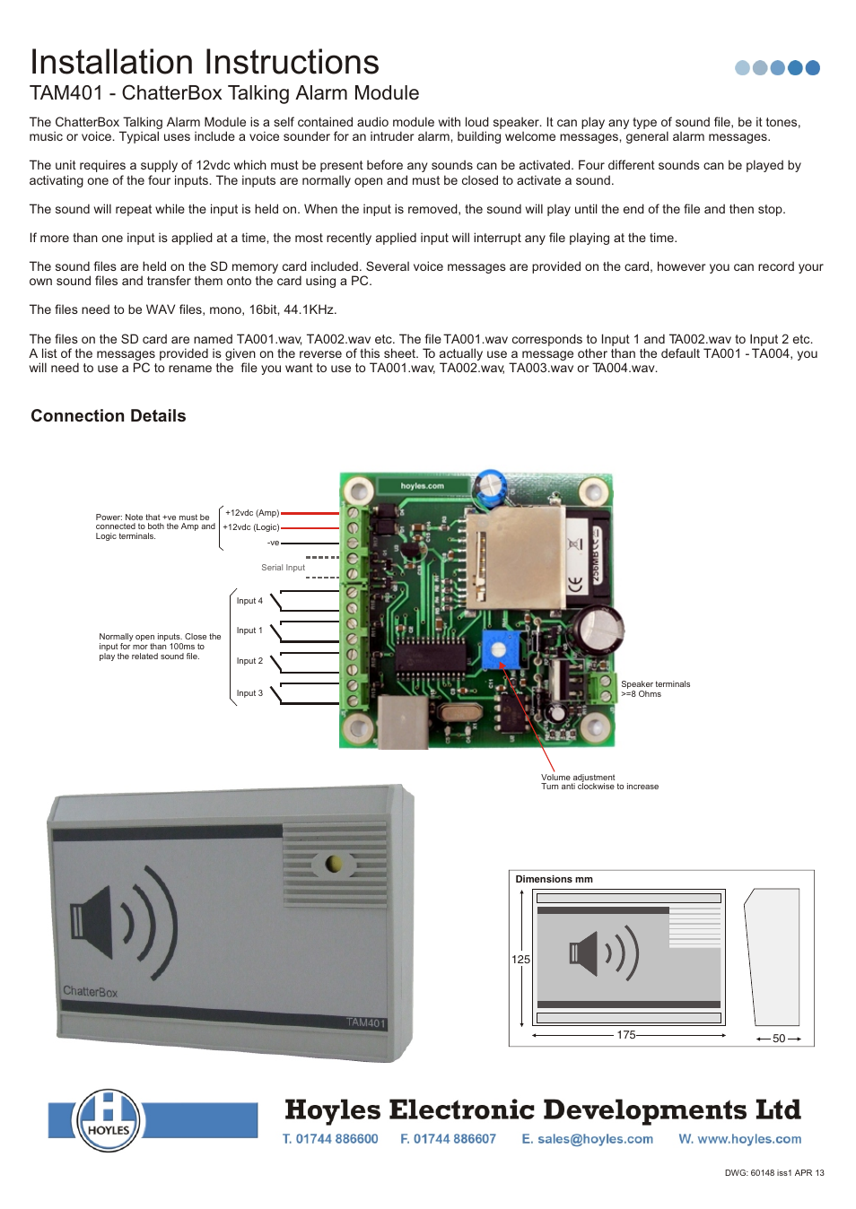 Hoyles ChatterBox Talking Alarm Module Voice Sounder User Manual | 2 pages