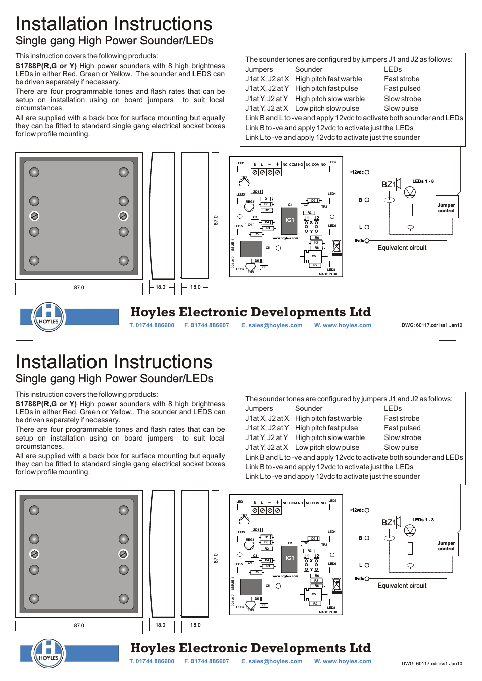 Hoyles High Power (108dB) sounder with 8 ultra bright LEDs User Manual | 1 page