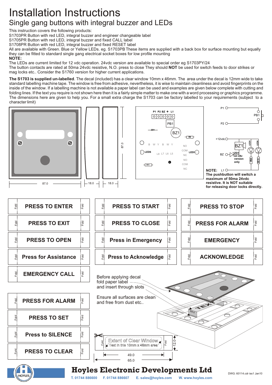 Hoyles General purpose button with LEDs and Buzzer User Manual | 1 page