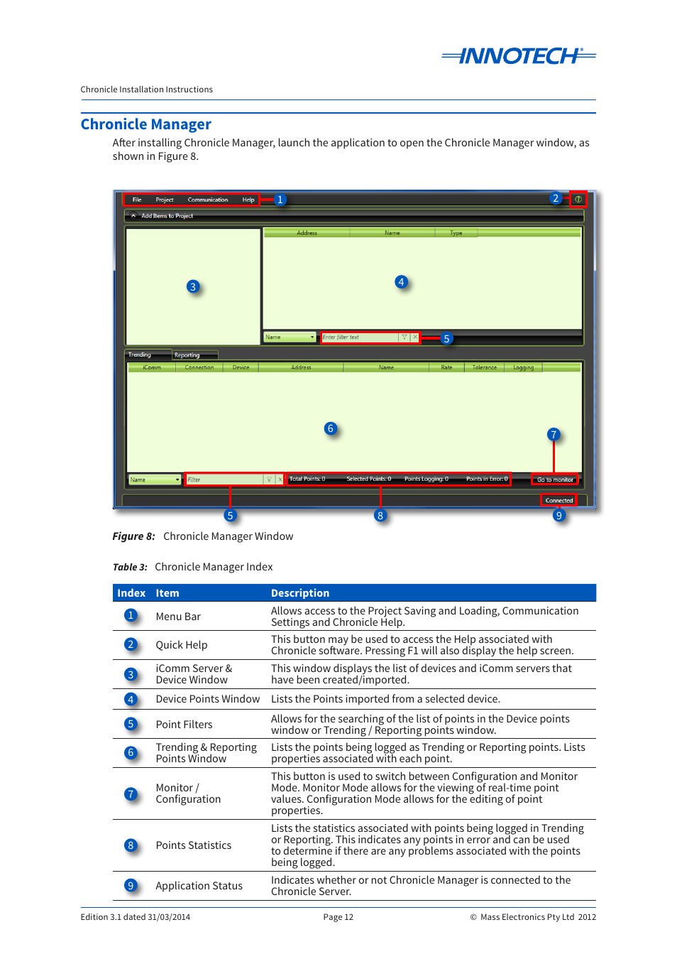 Table 3, Chronicle manager index, Chronicle manager | Figure 8, Chronicle manager window | Innotech Chronicle User Manual | Page 12 / 34