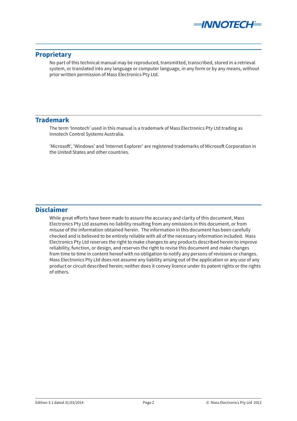 Proprietary, Trademark, Disclaimer | Innotech Chronicle User Manual | Page 2 / 34