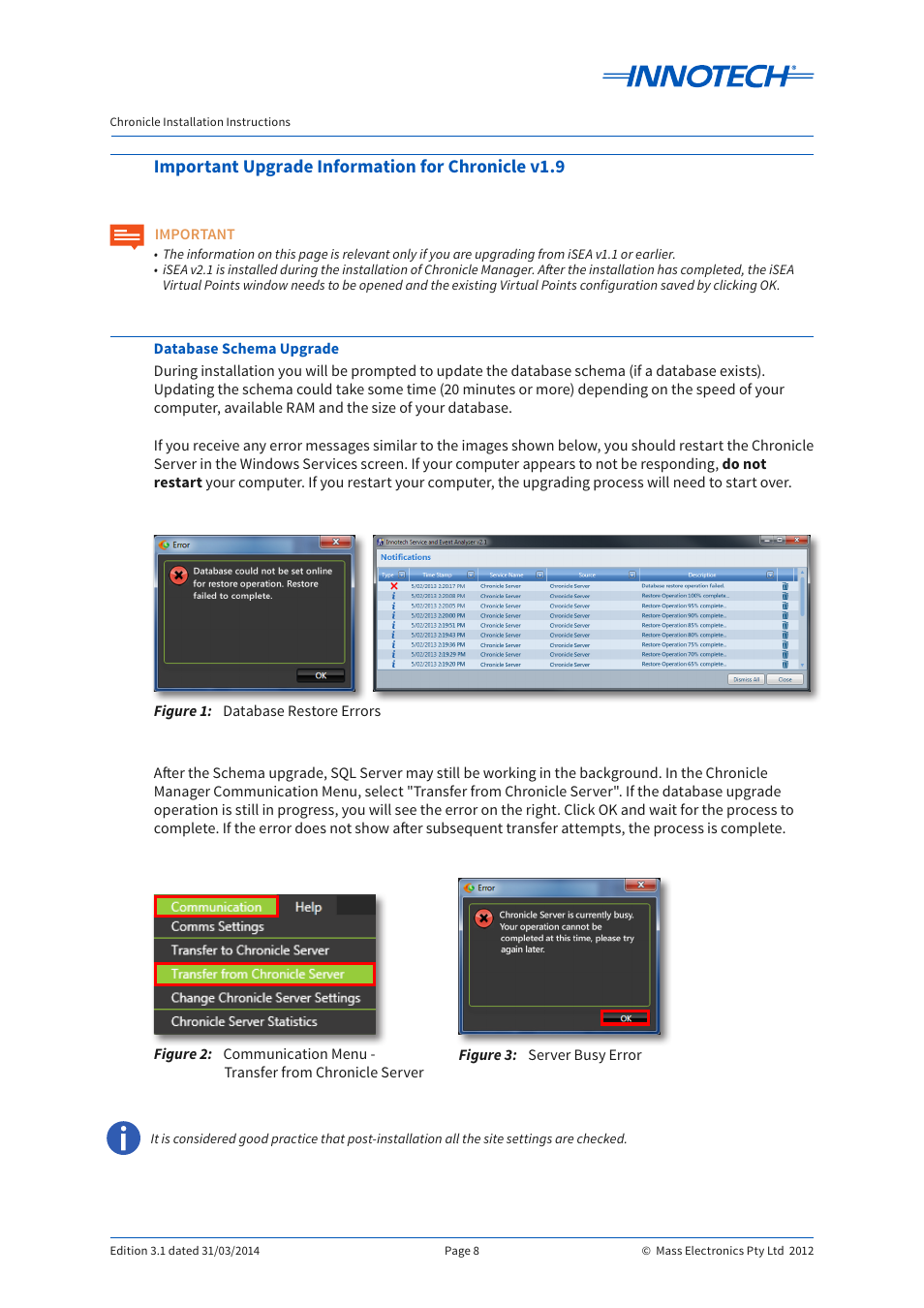 Important upgrade information for chronicle v1.8, Figure 1, Figure 2 | Figure 3, Database restore errors, Server busy error, Figure 1: figure 2: figure 3, Important upgrade information for chronicle v1.9 | Innotech Chronicle User Manual | Page 8 / 34