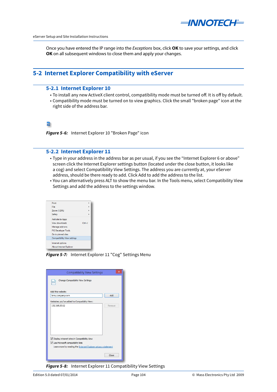 2 internet explorer compatibility with eserver, 2.1 internet explorer 10, 2.2 internet explorer 11 | Internet explorer 11 "cog" settings menu, Internet explorer 11 compatibility view settings | Innotech eServer User Manual | Page 104 / 118