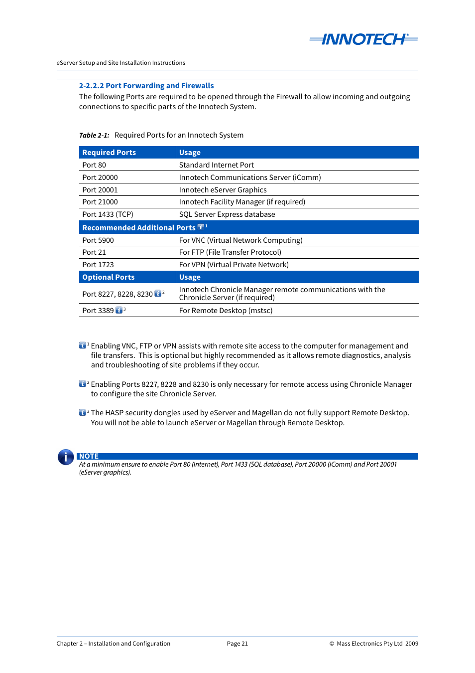 Required ports for an innotech system | Innotech eServer User Manual | Page 21 / 118