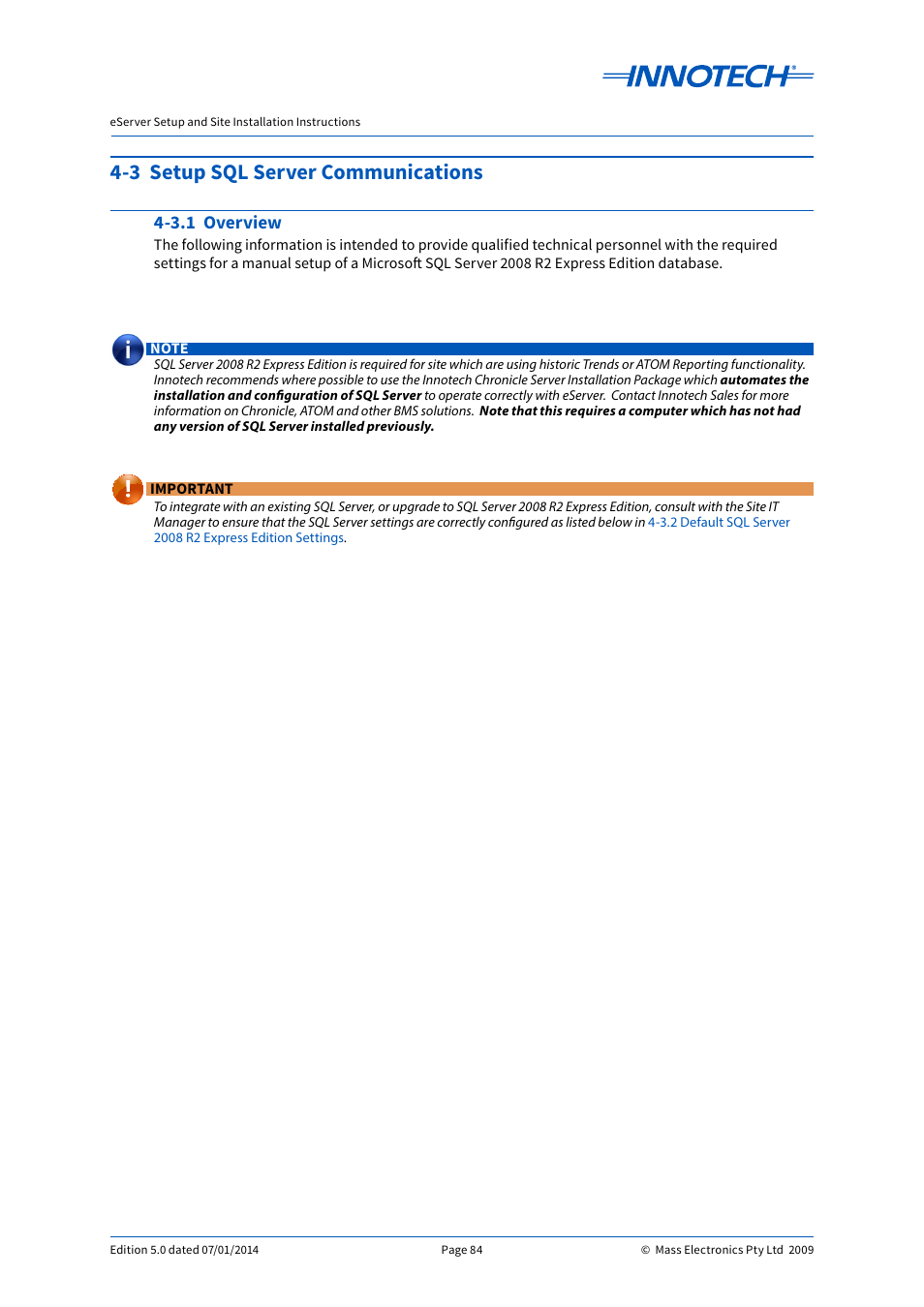 3 setup sql server communications, 3.1 overview | Innotech eServer User Manual | Page 84 / 118