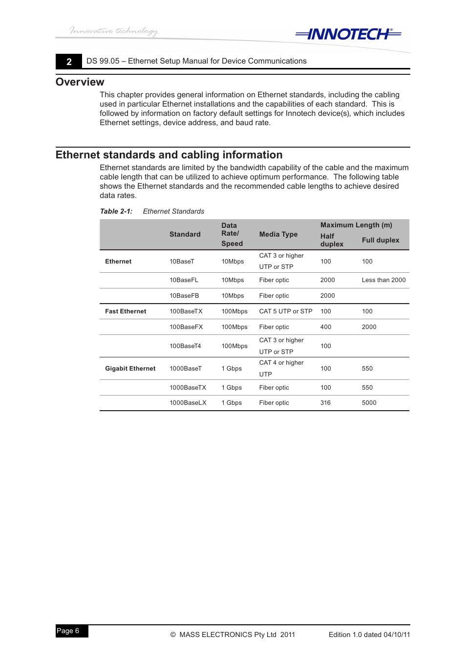 Overview, Ethernet standards and cabling information, Table 2-1: ethernet standards | Innotech Device Communications User Manual | Page 14 / 42