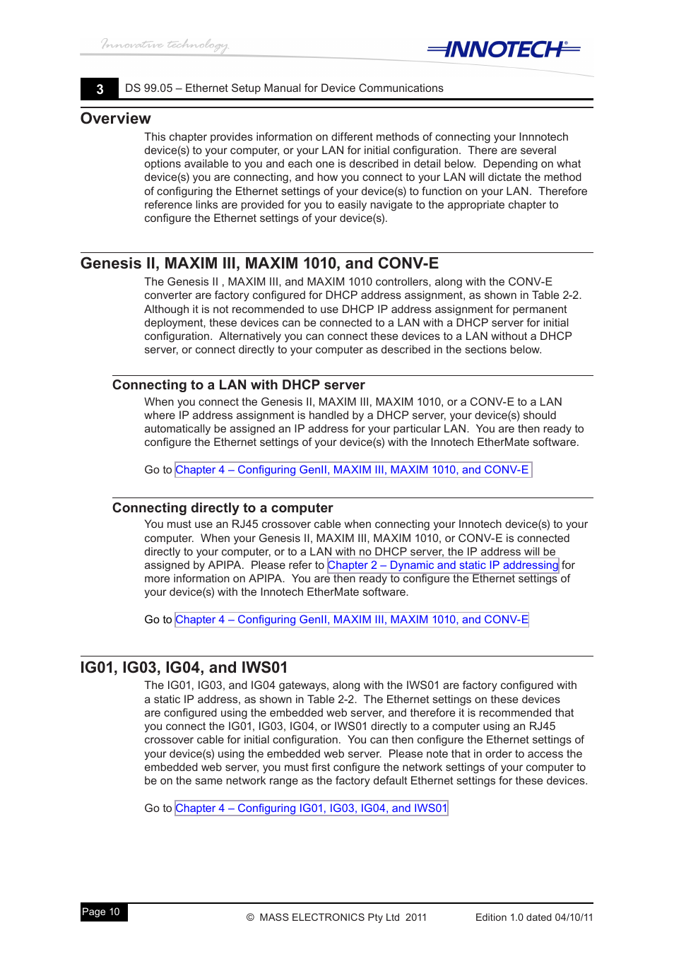 Overview, Genesis ii, maxim iii, maxim 1010, and conv-e, Ig01, ig03, ig04, and iws01 | Connecting to a lan with dhcp server, Connecting directly to a computer | Innotech Device Communications User Manual | Page 18 / 42