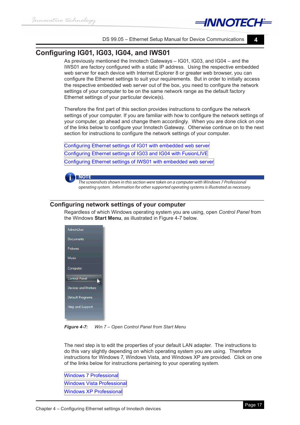 Configuring ig01, ig03, ig04, and iws01, Configuring network settings of your computer | Innotech Device Communications User Manual | Page 25 / 42