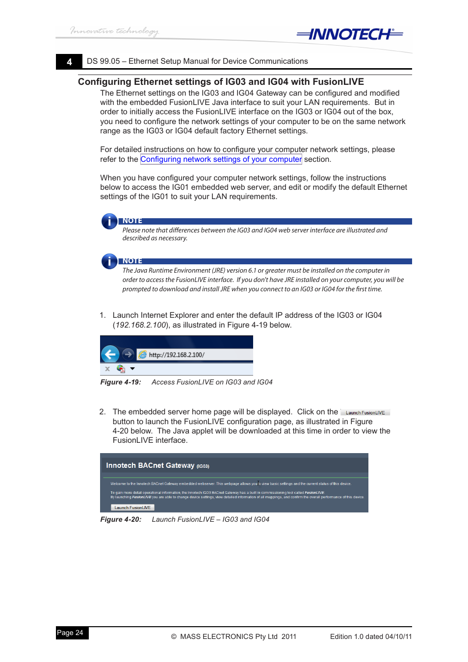 Figure 4-19: access fusionlive on ig03 and ig04, Figure 4-20: launch fusionlive – ig03 and ig04 | Innotech Device Communications User Manual | Page 32 / 42