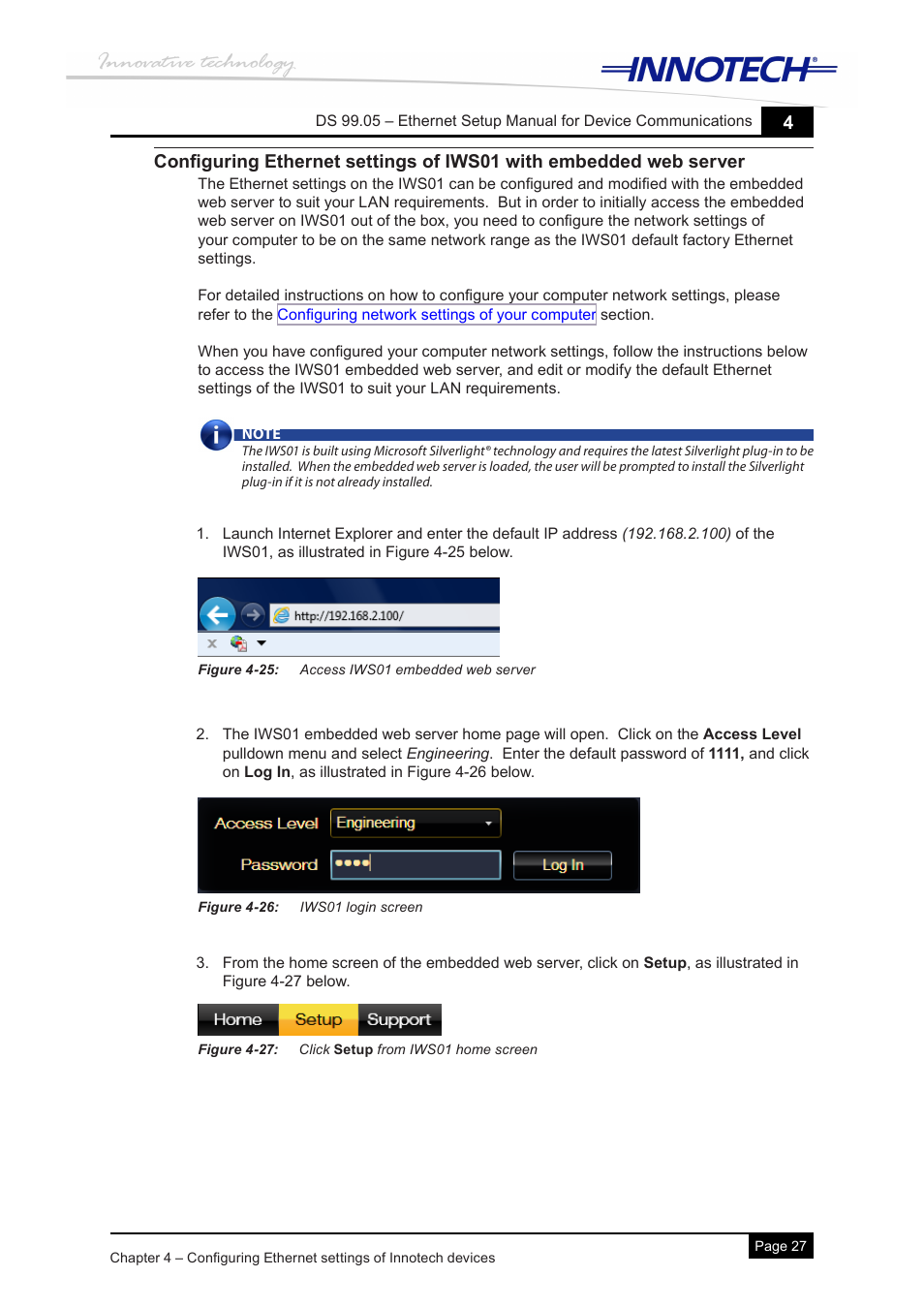 Figure 4-25: access iws01 embedded web server, Figure 4-26: iws01 login screen, Figure 4-27: click setup from iws01 home screen | Innotech Device Communications User Manual | Page 35 / 42