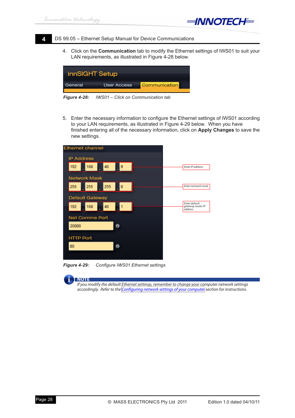 Figure 4-28: iws01 – click on communication tab, Figure 4-29: configure iws01 ethernet settings | Innotech Device Communications User Manual | Page 36 / 42