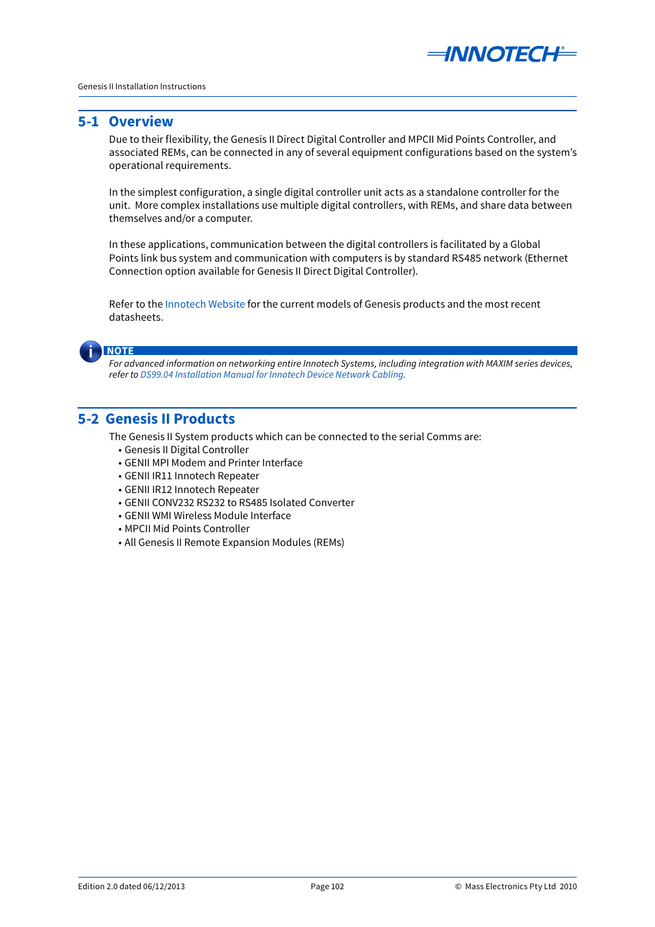 1 overview, 2 genesis ii products, 1 overview 5-2 genesis ii products | Innotech Genesis II Digital Controller (v5) User Manual | Page 102 / 124