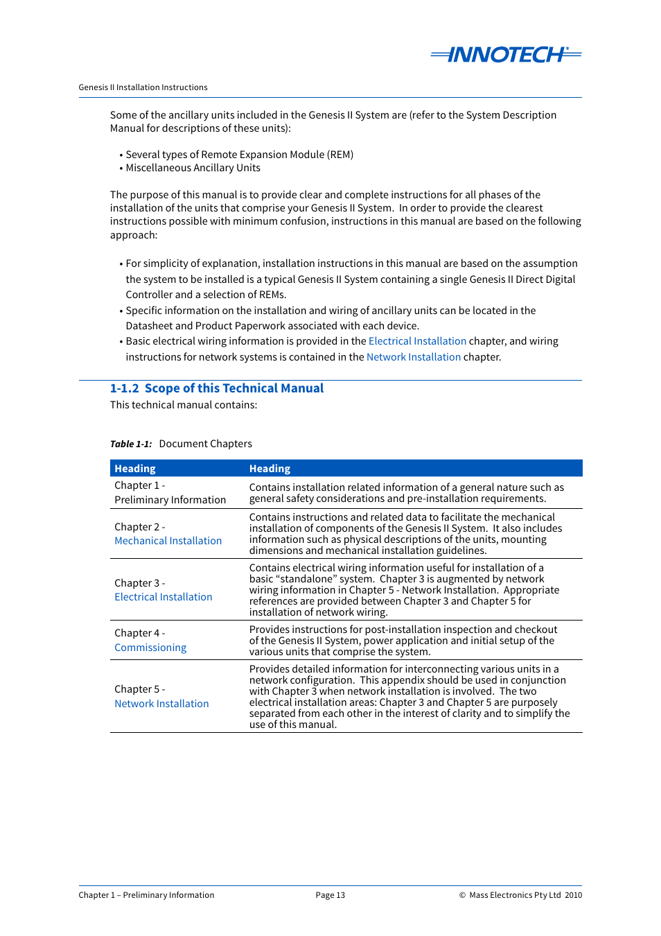1.2 scope of this technical manual, Document chapters | Innotech Genesis II Digital Controller (v5) User Manual | Page 13 / 124