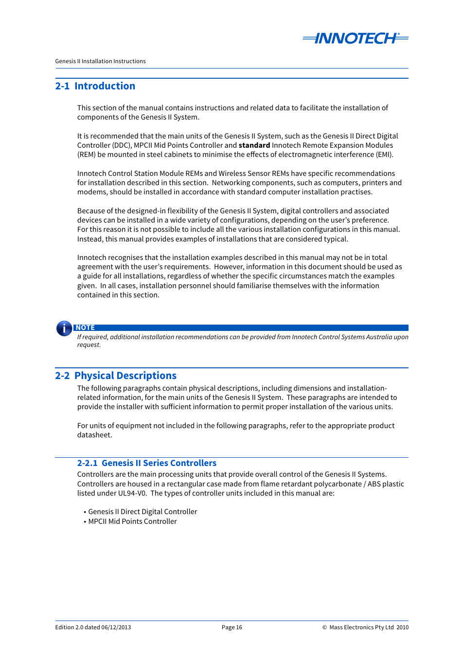 1 introduction, 2 physical descriptions, 2.1 genesis ii series controllers | 1 introduction 2-2 physical descriptions | Innotech Genesis II Digital Controller (v5) User Manual | Page 16 / 124