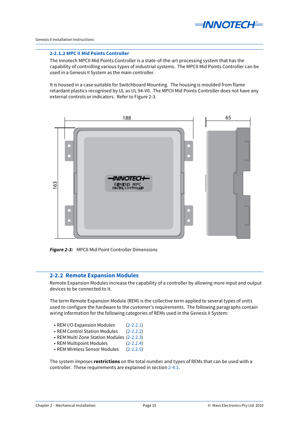 2.2 remote expansion modules, Mpcii mid point controller dimensions | Innotech Genesis II Digital Controller (v5) User Manual | Page 19 / 124