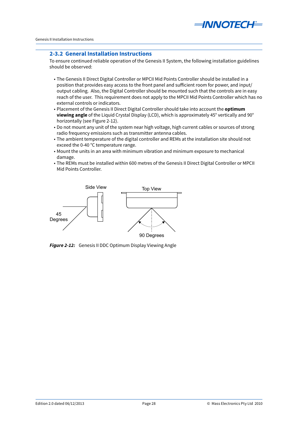 3.2 general installation instructions, Genesis ii ddc optimum display viewing angle, E 2-12 | Innotech Genesis II Digital Controller (v5) User Manual | Page 28 / 124