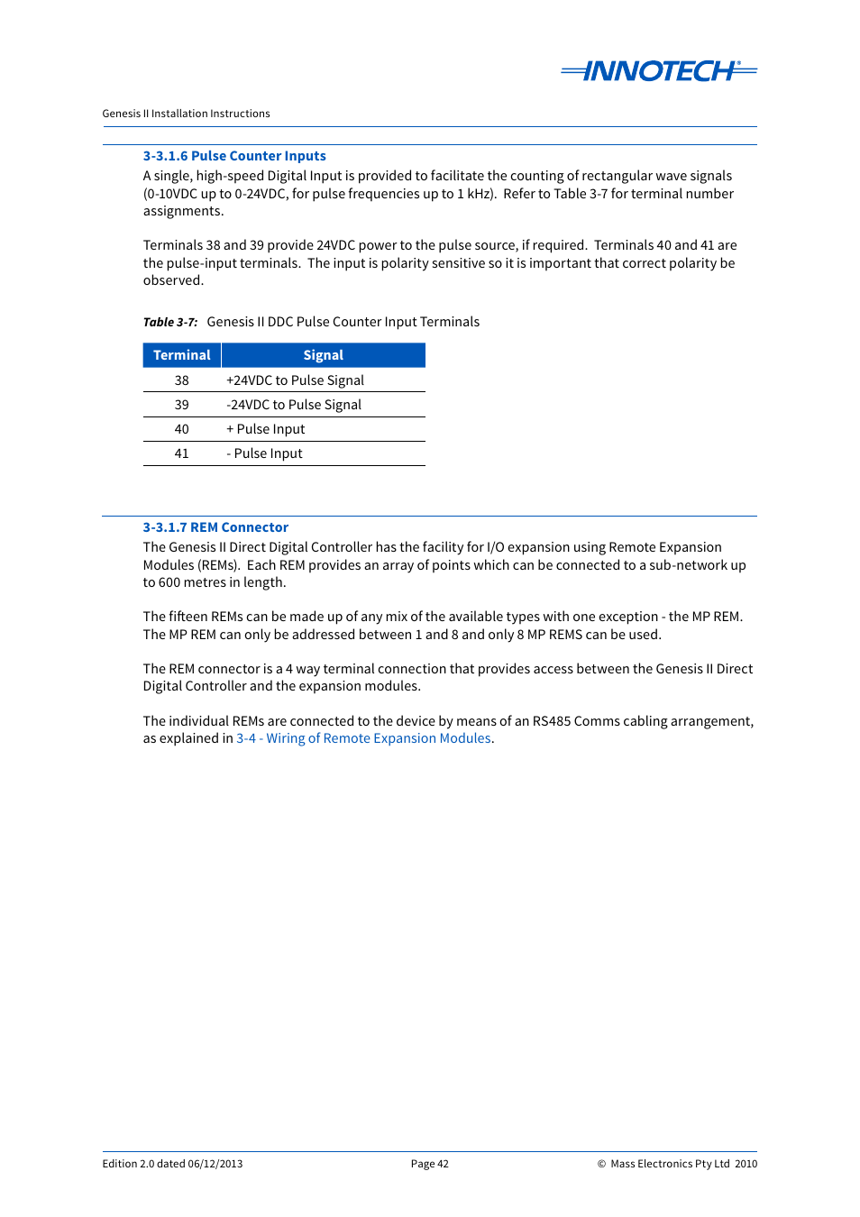 Genesis ii ddc pulse counter input terminals | Innotech Genesis II Digital Controller (v5) User Manual | Page 42 / 124