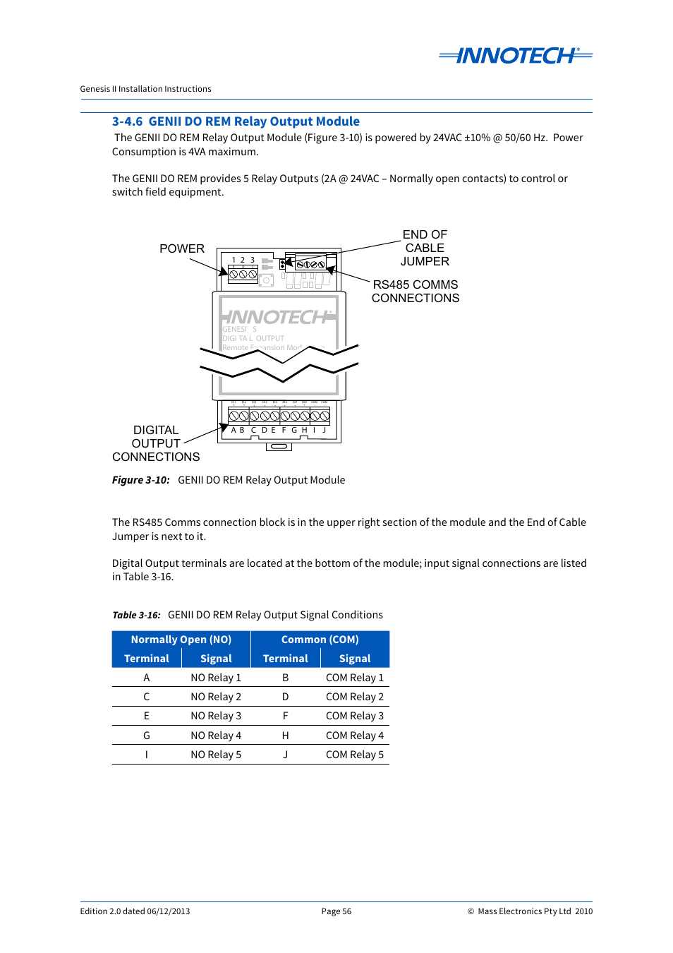 4.6 genii do rem relay output module, Genii do rem relay output module, Genii do rem relay output signal conditions | E 3-10 | Innotech Genesis II Digital Controller (v5) User Manual | Page 56 / 124