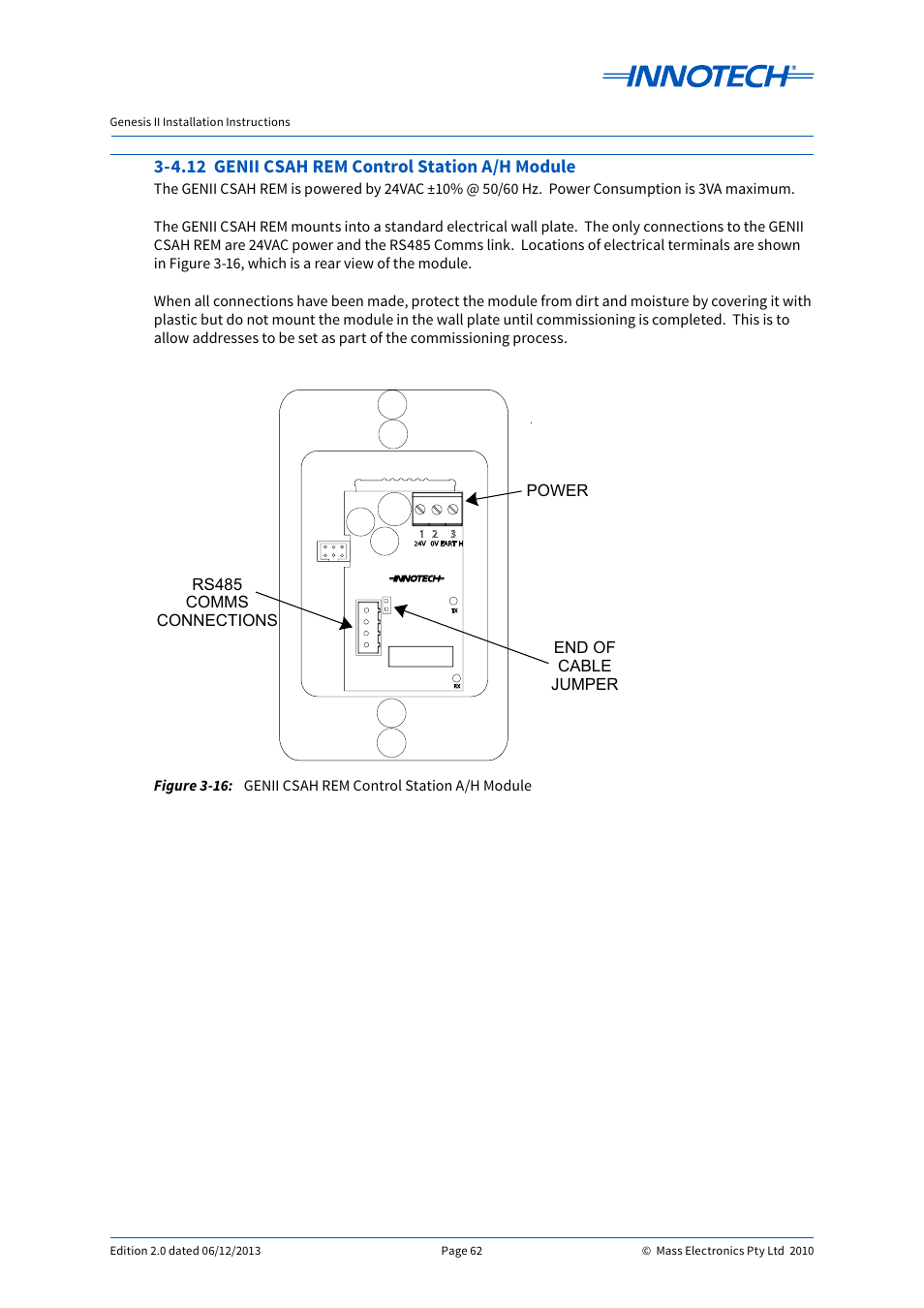 4.12 genii csah rem control station a/h module, Genii csah rem control station a/h module, E 3-16 | Innotech Genesis II Digital Controller (v5) User Manual | Page 62 / 124