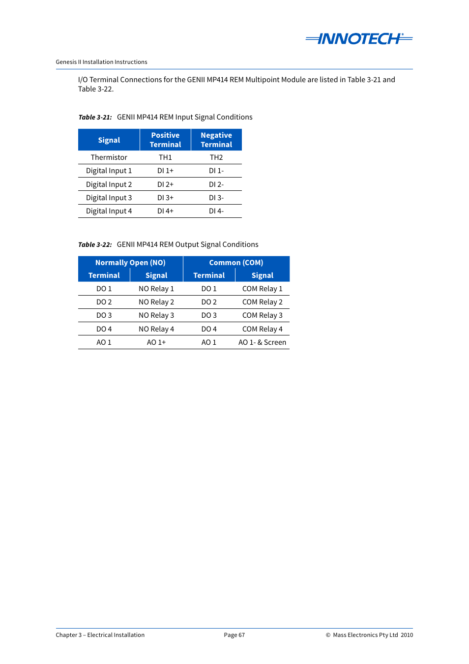 Genii mp414 rem output signal conditions, Genii mp414 rem input signal conditions | Innotech Genesis II Digital Controller (v5) User Manual | Page 67 / 124