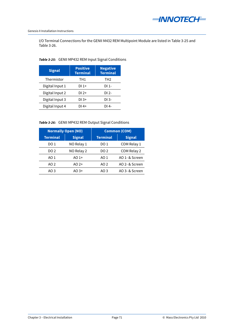 Genii mp432 rem output signal conditions, Genii mp432 rem input signal conditions | Innotech Genesis II Digital Controller (v5) User Manual | Page 71 / 124