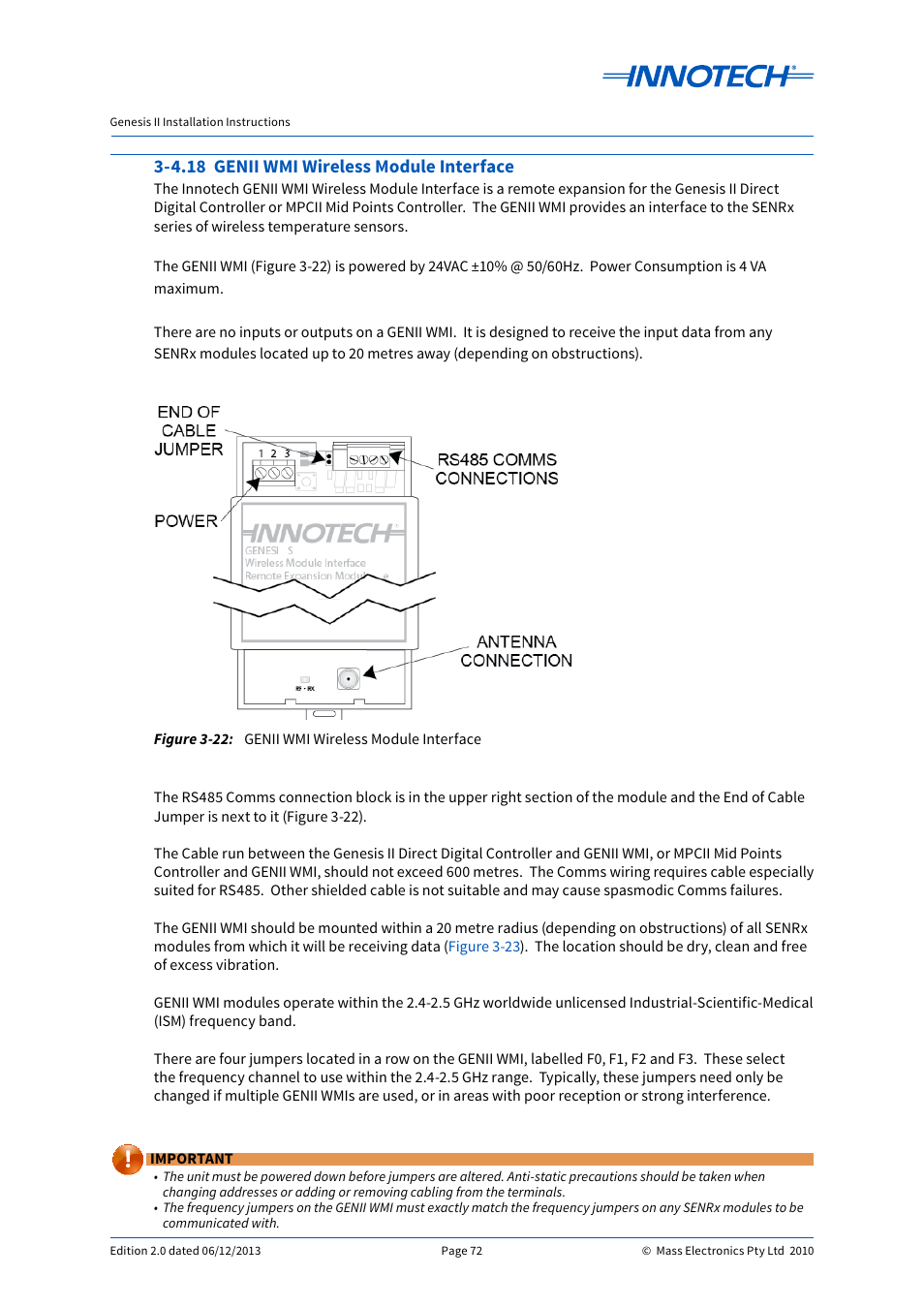 4.18 genii wmi wireless module interface, Genii wmi wireless module interface, E 3-22 | Innotech Genesis II Digital Controller (v5) User Manual | Page 72 / 124
