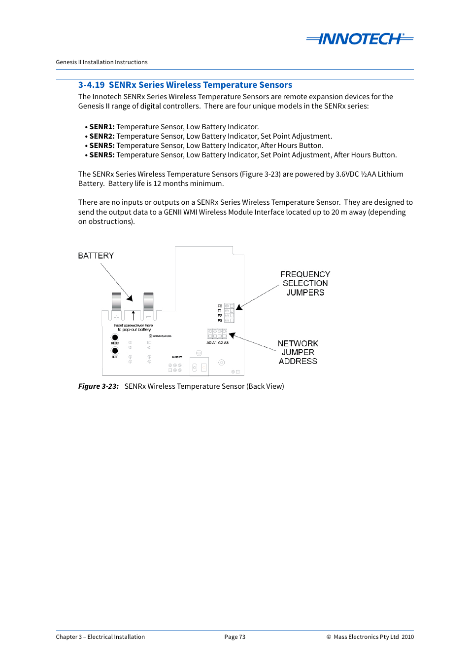4.19 senrx series wireless temperature sensors, Senrx wireless temperature sensor (back view), E 3-23 | Figure 3-23 | Innotech Genesis II Digital Controller (v5) User Manual | Page 73 / 124