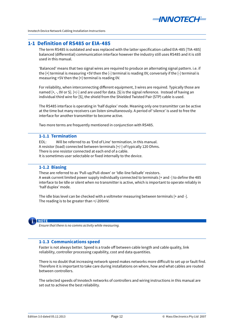 1 definition of rs485 or eia-485, 1.1 termination, 1.2 biasing | 1.3 communications speed | Innotech Device Network Cabling User Manual | Page 12 / 46