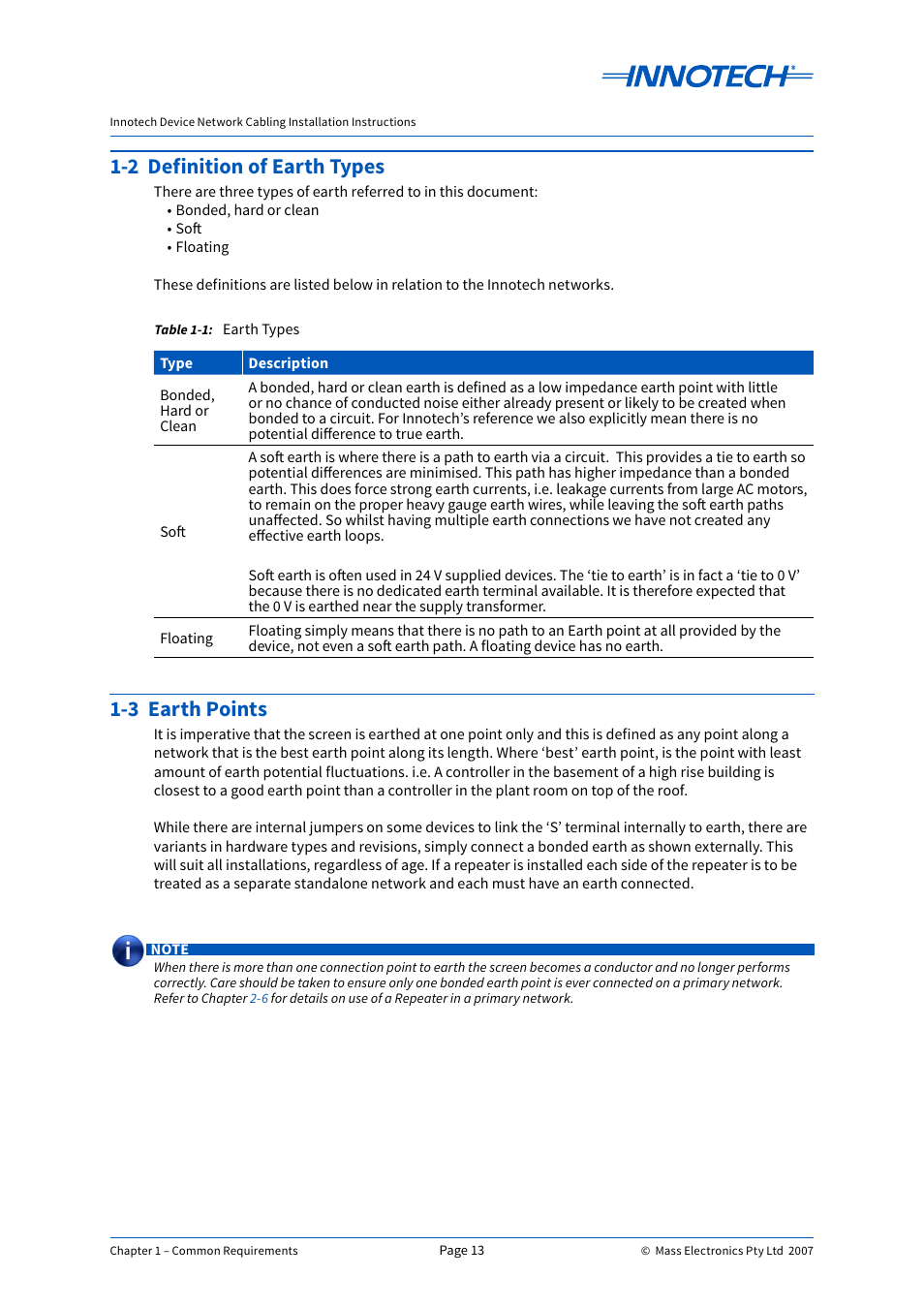 Table 1-1, Earth types, 2 definition of earth types | 3 earth points, 2 definition of earth types 1-3 earth points | Innotech Device Network Cabling User Manual | Page 13 / 46
