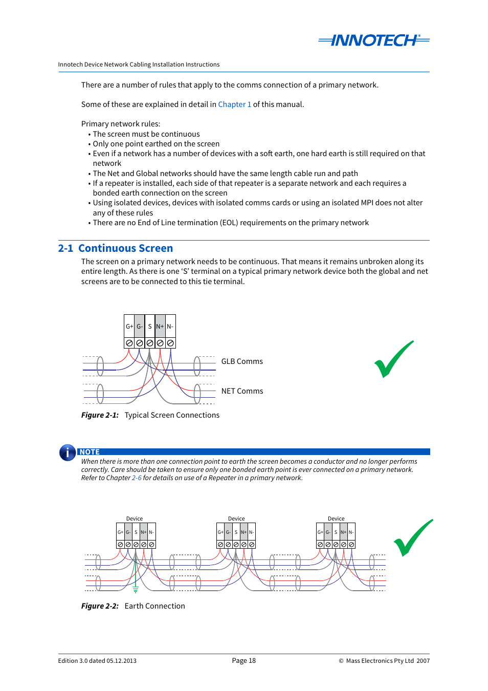 Figure 2-1, Figure 2-2, Typical screen connections | Earth connection, 1 continuous screen, Typical screen connections earth connection, Figure 2-1: figure 2-2 | Innotech Device Network Cabling User Manual | Page 18 / 46