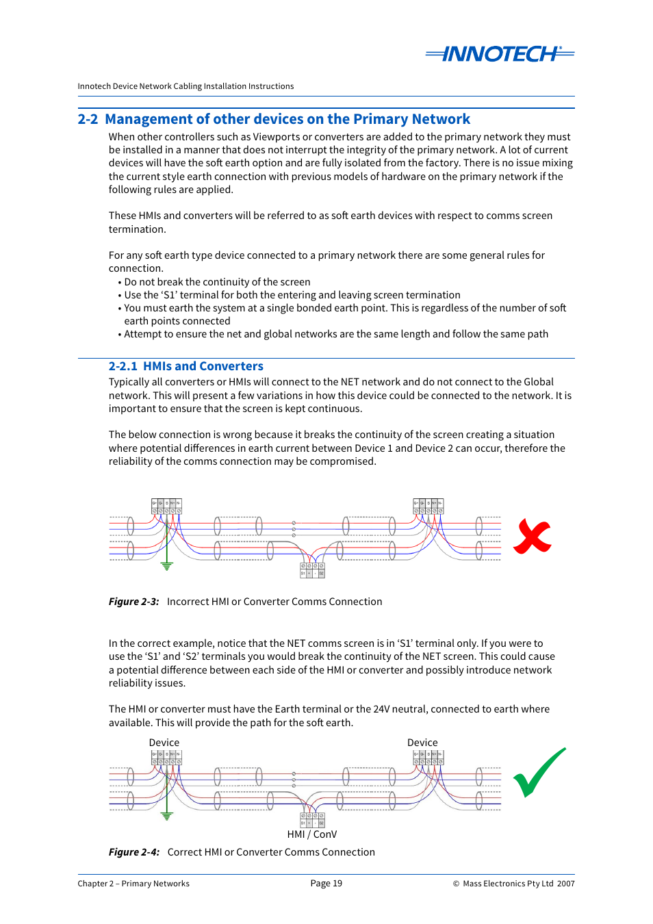 Figure 2-3, Figure 2-4, Incorrect hmi or converter comms connection | Correct hmi or converter comms connection, 2.1 hmis and converters, Figure 2-3: figure 2-4 | Innotech Device Network Cabling User Manual | Page 19 / 46
