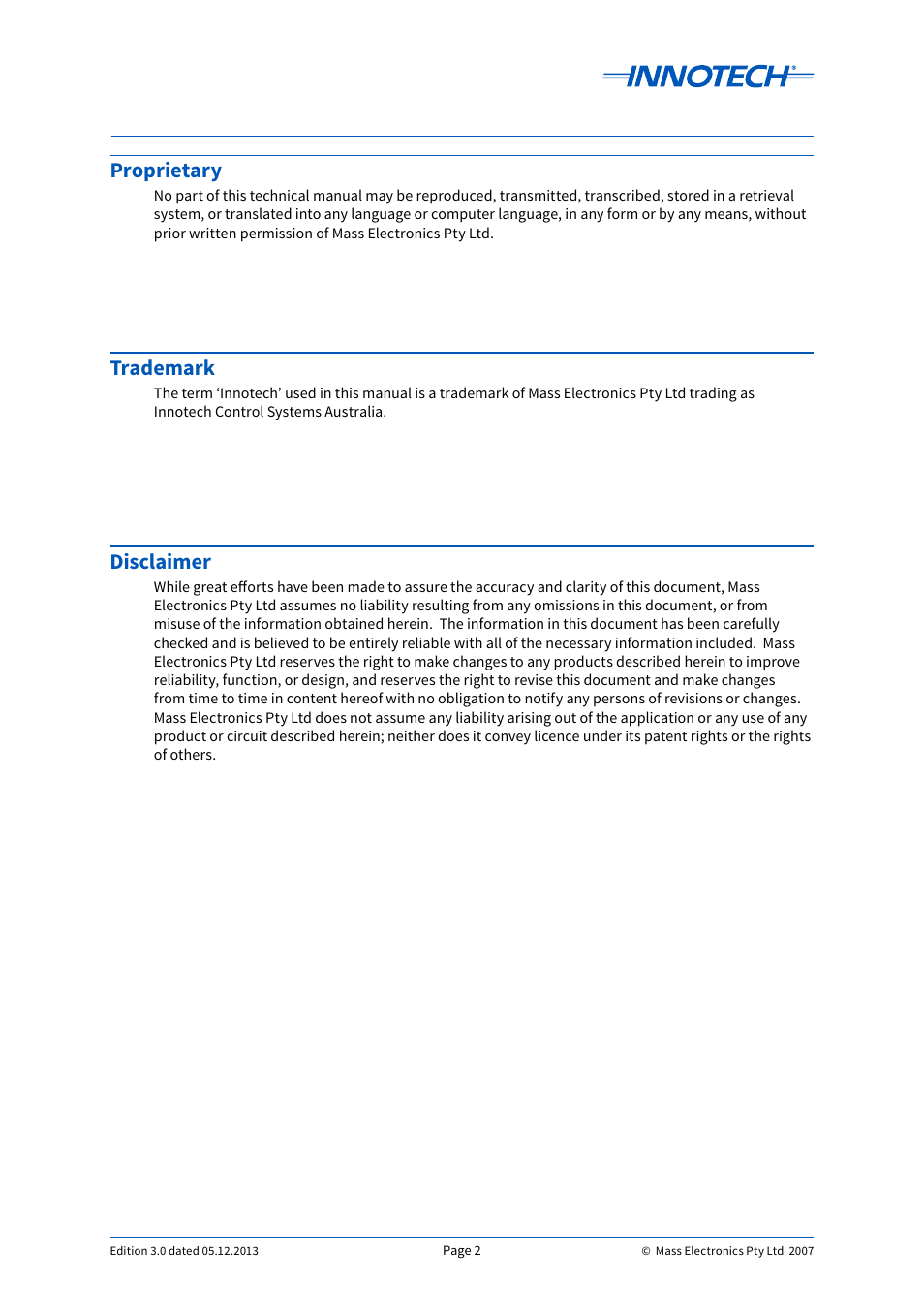 Proprietary, Trademark, Disclaimer | Innotech Device Network Cabling User Manual | Page 2 / 46