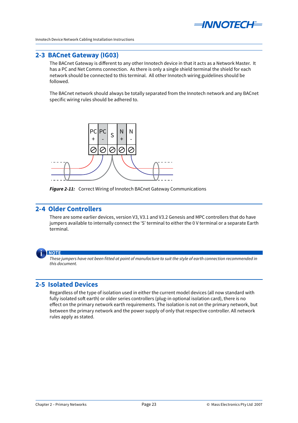 Figure 2-11, 3 bacnet gateway (ig03), 4 older controllers | 5 isolated devices | Innotech Device Network Cabling User Manual | Page 23 / 46